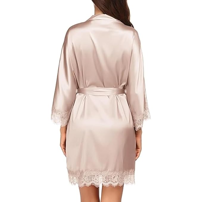 Women’s Satin Kimono Robe with Lace Trim | 3/4 Sleeve Bridal & Nightwear Robe