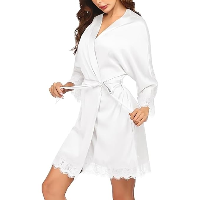 Women’s Satin Kimono Robe with Lace Trim | 3/4 Sleeve Bridal & Nightwear Robe