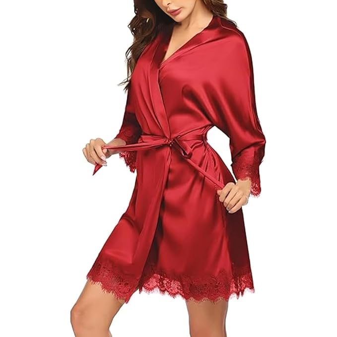 Women’s Satin Kimono Robe with Lace Trim | 3/4 Sleeve Bridal & Nightwear Robe