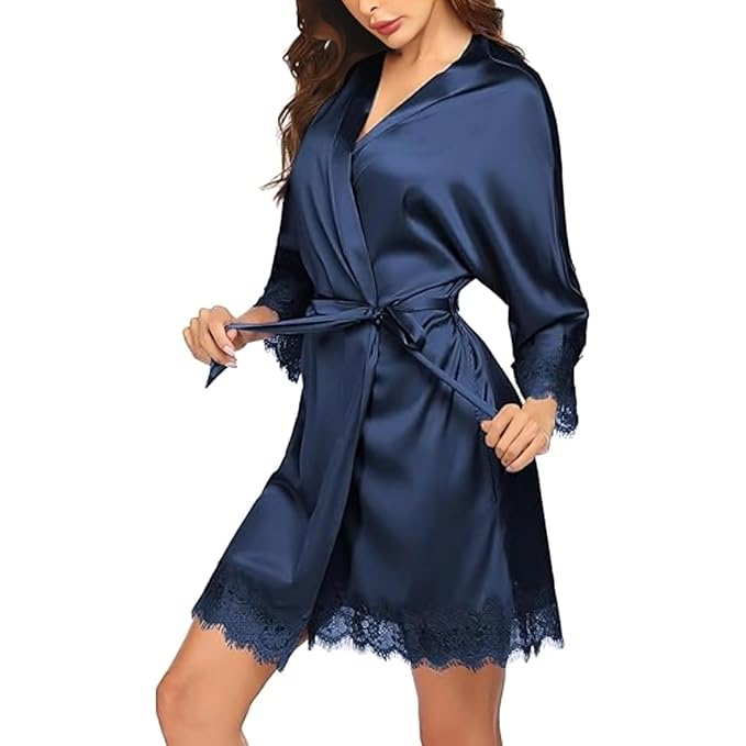 Women’s Satin Kimono Robe with Lace Trim | 3/4 Sleeve Bridal & Nightwear Robe