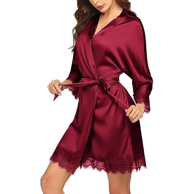 Women’s Satin Kimono Robe with Lace Trim | 3/4 Sleeve Bridal & Nightwear Robe
