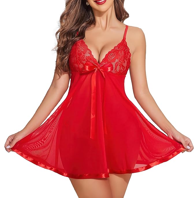 Scarlet Sheer Lace Babydoll Lingerie with Satin Bow