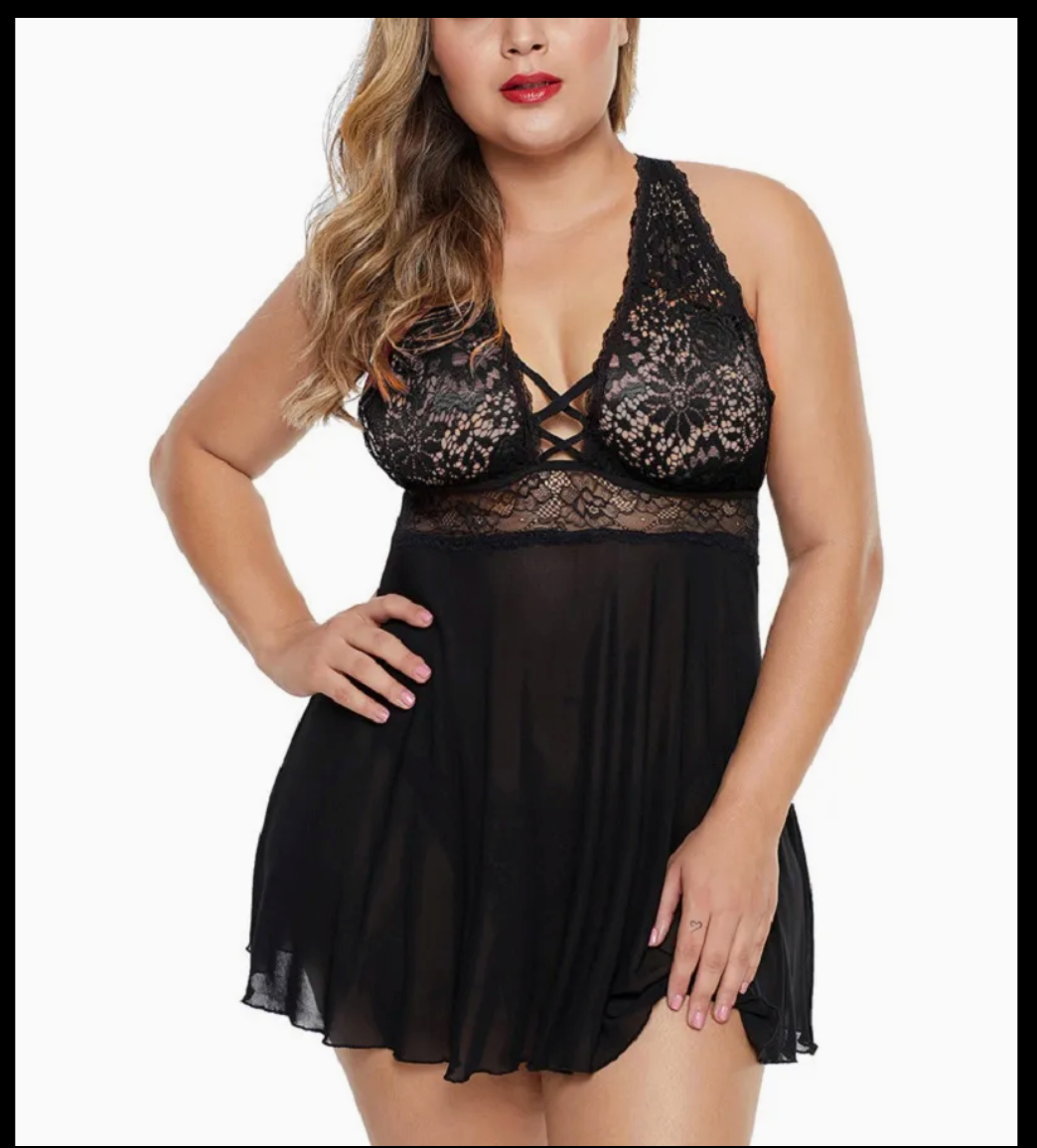 Midnight Bloom Plus Size Lace Babydoll Set